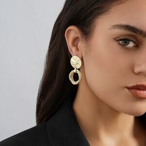 Gold Alloy Oval Shape Drop Drop Earrings Stud Boho Open Round Hoop